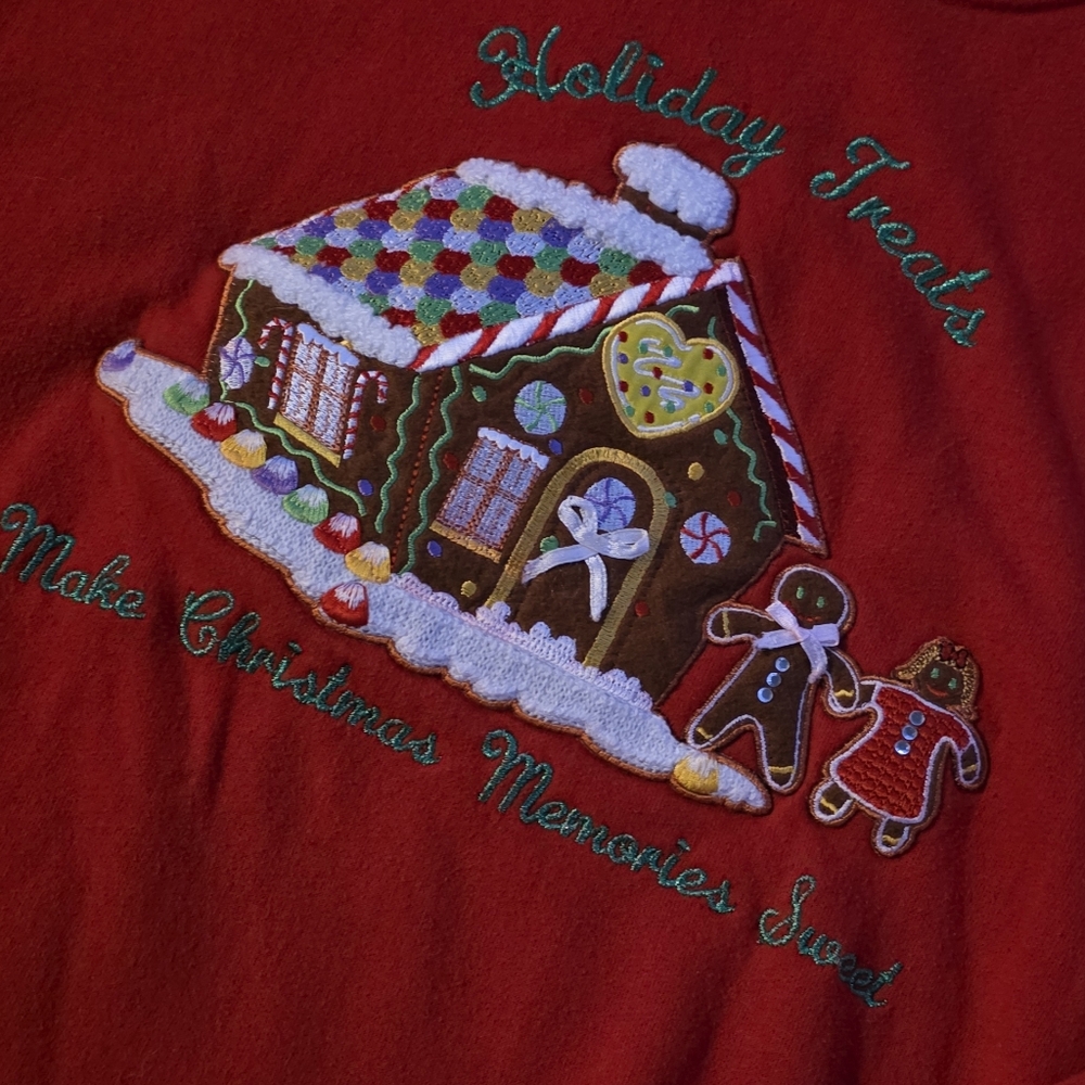 Vintage Christmas Sweater Womens, Embroidered Gingerbread House and Gingerbread - Picture 15 of 15
